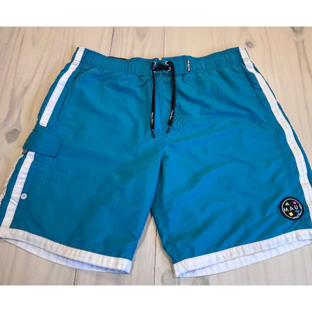 Maui and Sons Mens Teal Blue Striped Swim Trunks Cargo Pocket Board Shorts Sz M